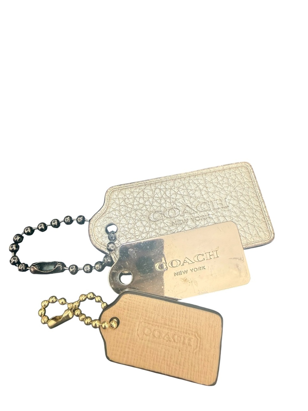 Coach Metallic and Leather Tag Keychain Trio - Gold, Silver, Tan